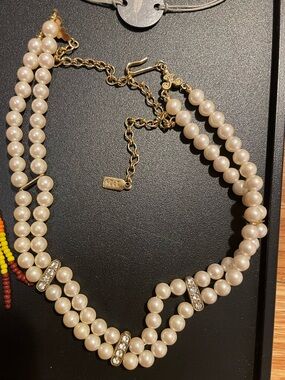 Double-Strand Pearl Choker Necklace with Gold-Tone Accents - White